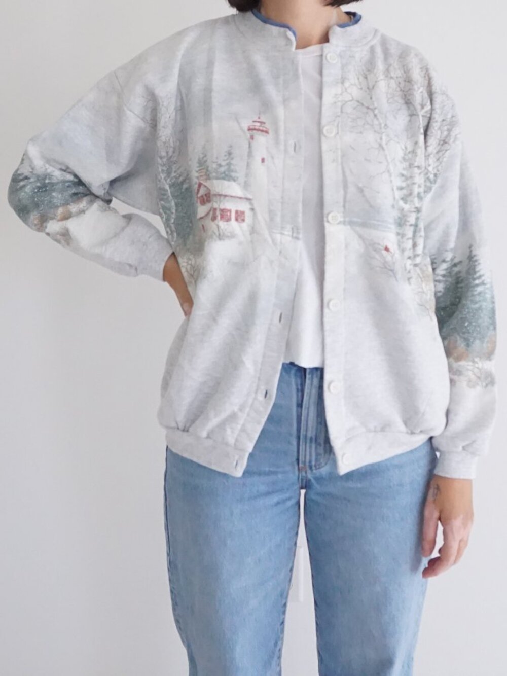 Vintage Artisan Scenic Blue Lighthouse Winter Landscape Button Cardigan L